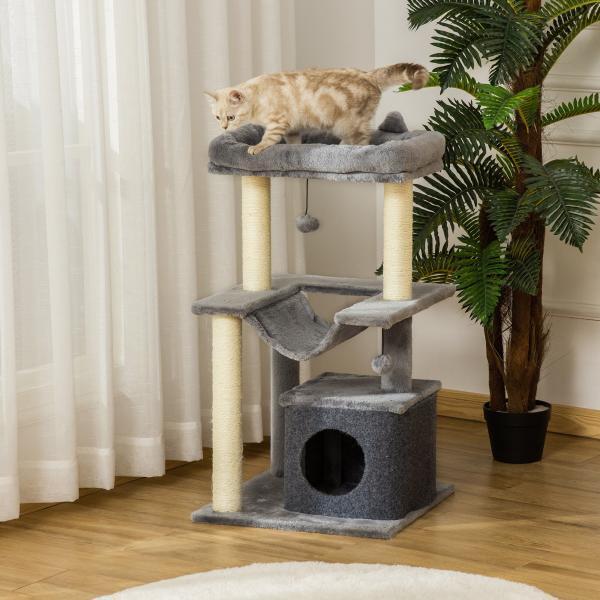 Albero per Gatti con Tiragraffi in Corda Sisal, Casetta, Cuscino e Amaca, Rivestimento in Peluche e Feltro, Altezza 100cm – Grigio