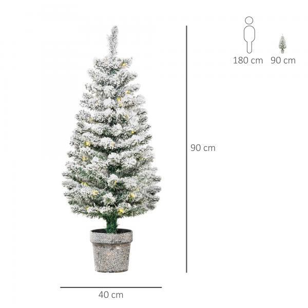 Albero di Natale Innevato con 60 Luci LED Bianche e 116 Rami, Base con Vaso Rimovibile, 90cm Verde