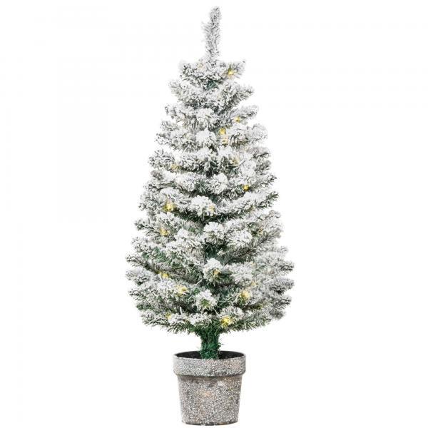 Albero di Natale Innevato con 60 Luci LED Bianche e 116 Rami, Base con Vaso Rimovibile, 90cm Verde