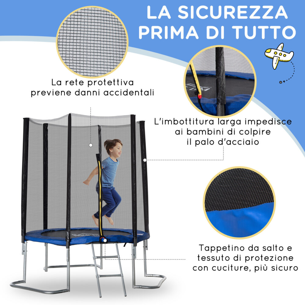 Trampolino Elastico per Adulti con Rete di Sicurezza e Scala, Uso Interno  ed Esterno, 223x223x230cm, Blu 