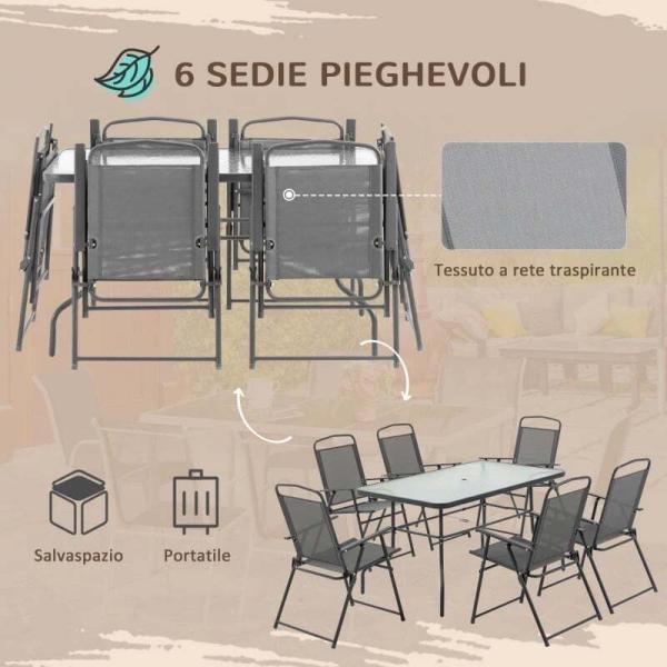 Set Tavolo con 6 Sedie Pieghevoli e Ombrellone