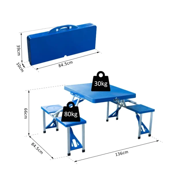 Tavolino da campeggio pieghevole portatile in alluminio e plastica con 4 sedie