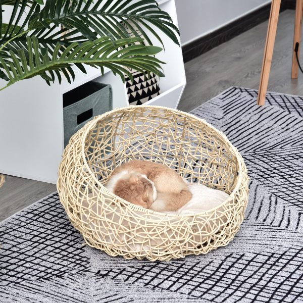 Letto per Gatti in Rattan con Cuscino in Lino e Cotone Beige Ф56 x 35 cm