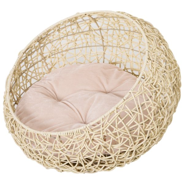 Letto per Gatti in Rattan con Cuscino in Lino e Cotone Beige Ф56 x 35 cm