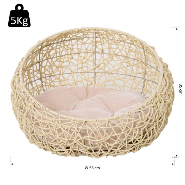 Letto per Gatti in Rattan con Cuscino in Lino e Cotone Beige Ф56 x 35 cm