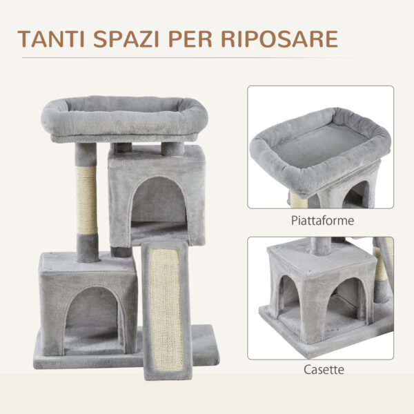 Albero Tiragraffi per Gatti con Pali in Sisal, Lettino e 2 Casette, 59x39x83cm, Grigio