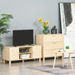 Mobile Porta TV con Vani Aperti e Ante in Rattan Color Legno 115x40x48cm