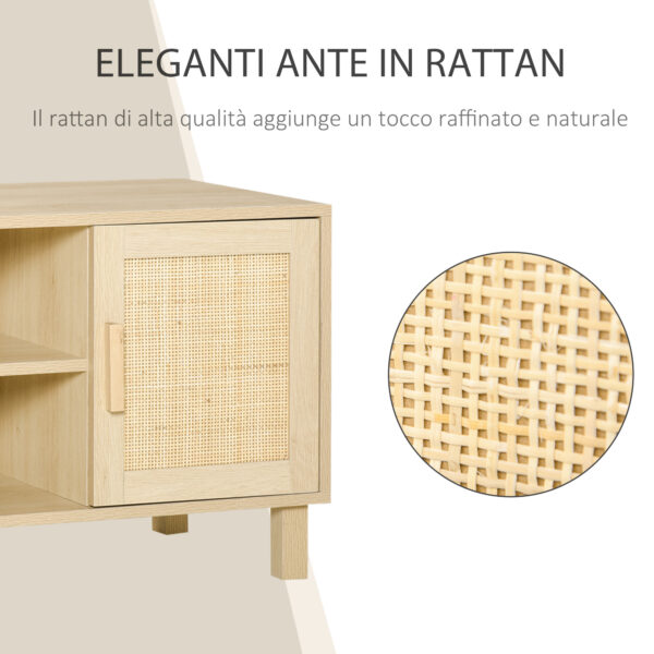 Mobile Porta TV con Vani Aperti e Ante in Rattan Color Legno 115x40x48cm