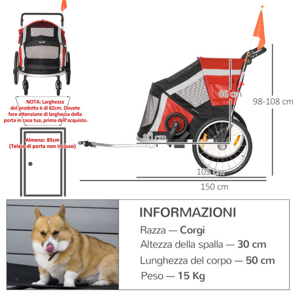 Rimorchio Bici per Cani  sotto i 40kg con 2 Ingressi, Finestre a Rete e Tetto Apribile