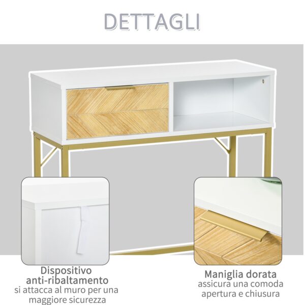 Tavolino Consolle Design Moderno Bianco e Oro con Cassetto in Legno 80x30x80.5cm