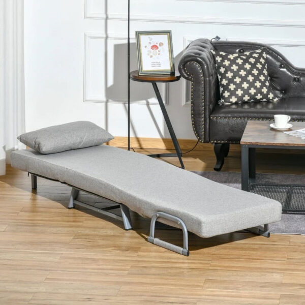 Poltrona Letto Singolo con Schienale Reclinabile 5 Livelli e Cuscino Extra, 73x60x81cm, Grigio