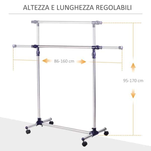 Stender Appendiabiti Larghezza e altezza regolabili con Ruote in Acciaio Inox 160 x 170cm