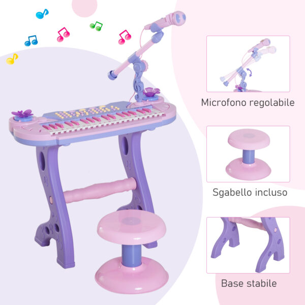 Pianola per Bambini con Sgabello e Microfono, 12 Strumenti e 22 Musiche, Registrazione, MP3 e Karaoke, Rosa