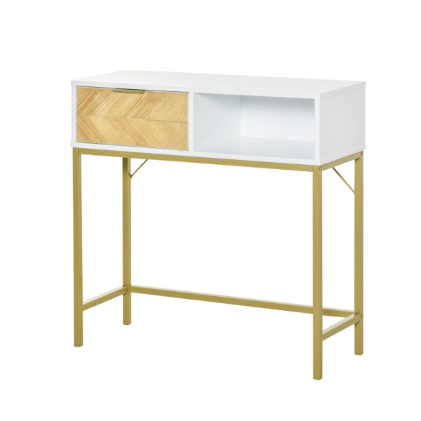 Tavolino Consolle Design Moderno Bianco e Oro con Cassetto in Legno 80x30x80.5cm