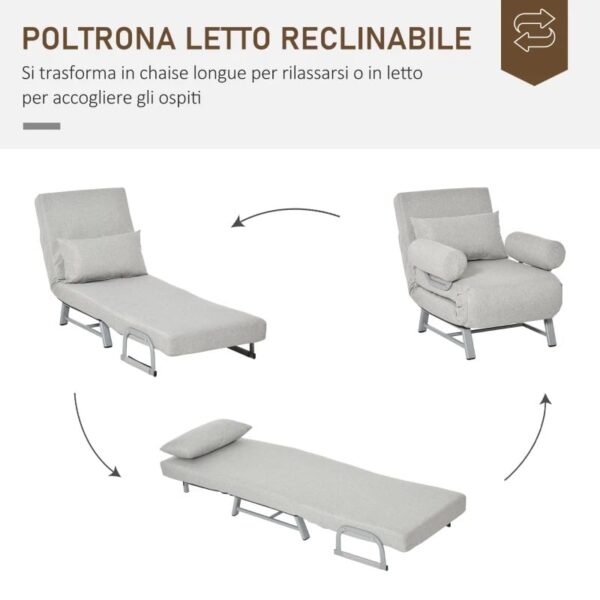 Poltrona Letto Singolo con Schienale Reclinabile 5 Livelli e Cuscino Extra, 73x60x81cm, Grigio