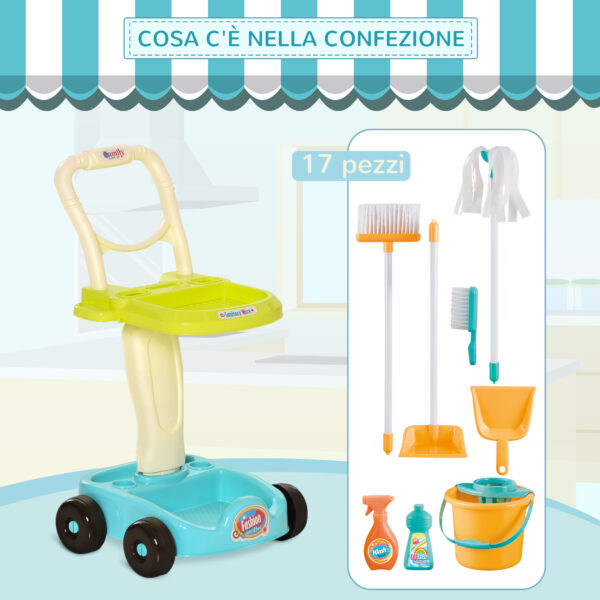 Set Pulizie Giocattolo per Bambini 3-6 Anni con Carrello, Scopa, Secchio e Mocio, 17 Accessori