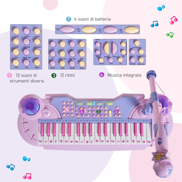 Pianola per Bambini con Sgabello e Microfono, 12 Strumenti e 22 Musiche, Registrazione, MP3 e Karaoke, Rosa