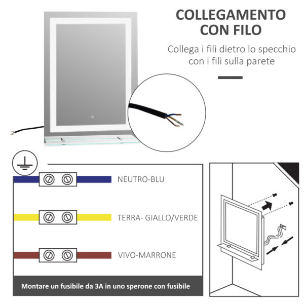 Specchio da Bagno con Luci a LED Interruttore Touch e Mensola in Vetro