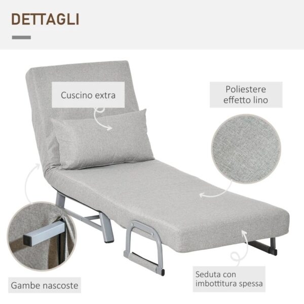 Poltrona Letto Singolo con Schienale Reclinabile 5 Livelli e Cuscino Extra, 73x60x81cm, Grigio