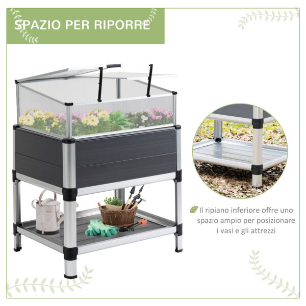 Fioriera Rialzata con Mini Serra in Policarbonato e Mensola Inferiore in Alluminio e PVC