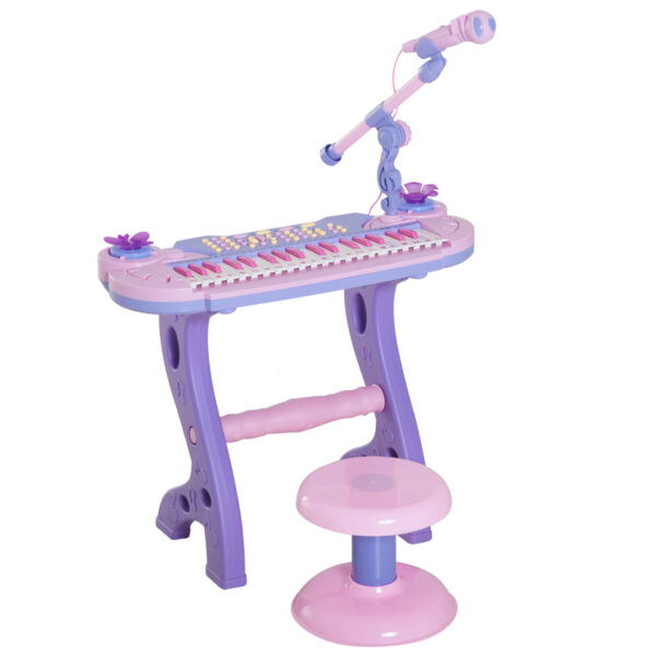 Pianola per Bambini con Sgabello e Microfono, 12 Strumenti e 22 Musiche, Registrazione, MP3 e Karaoke, Rosa