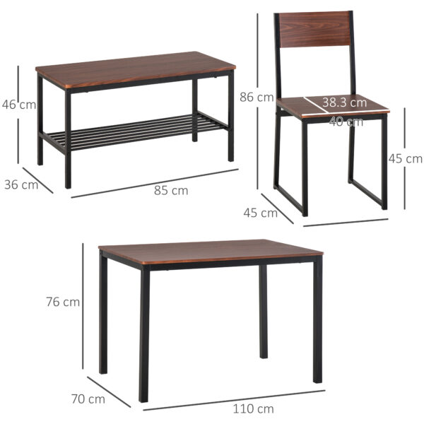 Set Tavolo con Panca 2 Posti e 2 Sedie Stile Industriale in Legno e Metallo per Soggiorno e Cucina