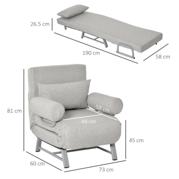 Poltrona Letto Singolo con Schienale Reclinabile 5 Livelli e Cuscino Extra, 73x60x81cm, Grigio