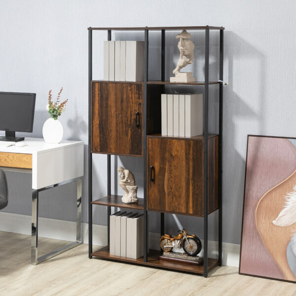 Libreria Stile Industriale con 4 Ripiani e 2 Armadietti, 90x30x159.5cm, Nero e Marrone