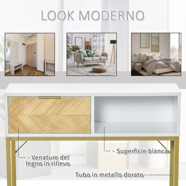 Tavolino Consolle Design Moderno Bianco e Oro con Cassetto in Legno 80x30x80.5cm