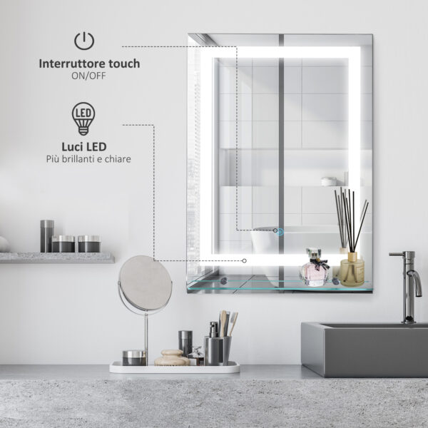 Specchio da Bagno con Luci a LED Interruttore Touch e Mensola in Vetro