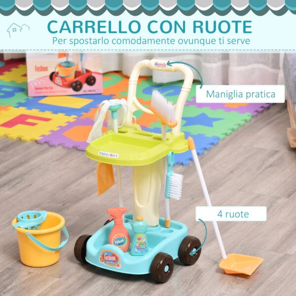 Set Pulizie Giocattolo per Bambini 3-6 Anni con Carrello, Scopa, Secchio e Mocio, 17 Accessori