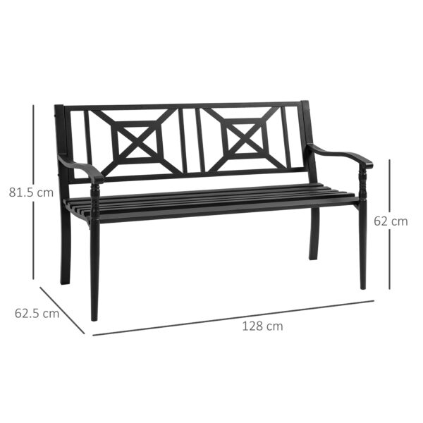 Panchina da Giardino Nera in Acciaio per 2 Persone con Schienale Alto e Braccioli, 128x62.5x81.5 cm