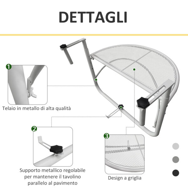 Tavolino da Ringhiera Pieghevole in Metallo con 3 Altezze Regolabili, 60x45x50 cm, Bianco