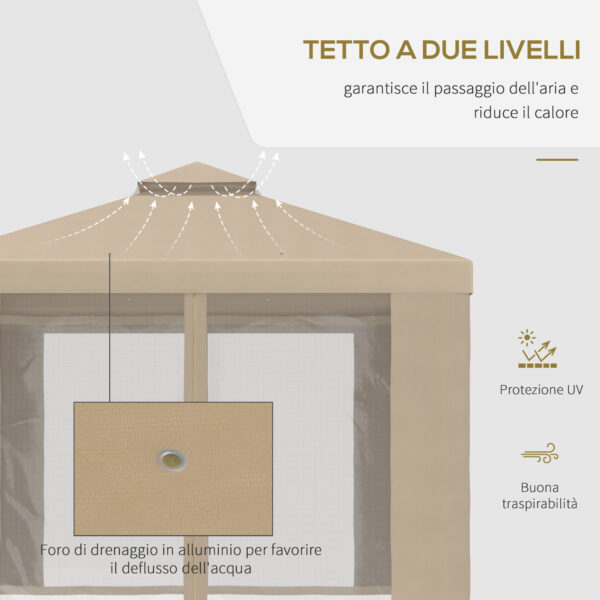 Gazebo da Giardino 3x3m in Metallo con Zanzariera e Tetto a 2 Livelli in Poliestere color Beige e Cachi