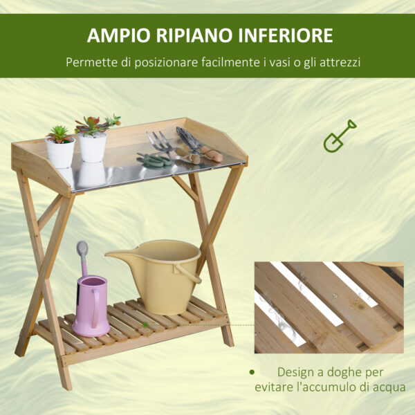 Tavolo da Giardinaggio in Legno con Piano in Metallo Antiruggine e Ripiano Portaoggetti, 80x40x84cm