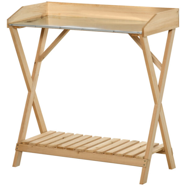 Tavolo da Giardinaggio in Legno con Piano in Metallo Antiruggine e Ripiano Portaoggetti, 80x40x84cm