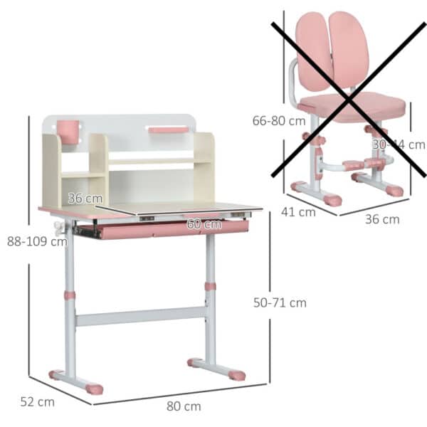 Banco Scuola con Sedia per Bambini 3-12 Anni, Altezza Regolabile e Piano Inclinabile, Rosa