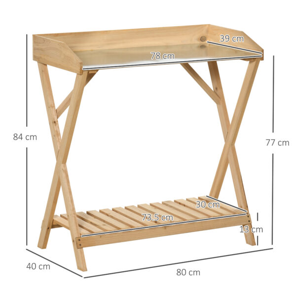 Tavolo da Giardinaggio in Legno con Piano in Metallo Antiruggine e Ripiano Portaoggetti, 80x40x84cm