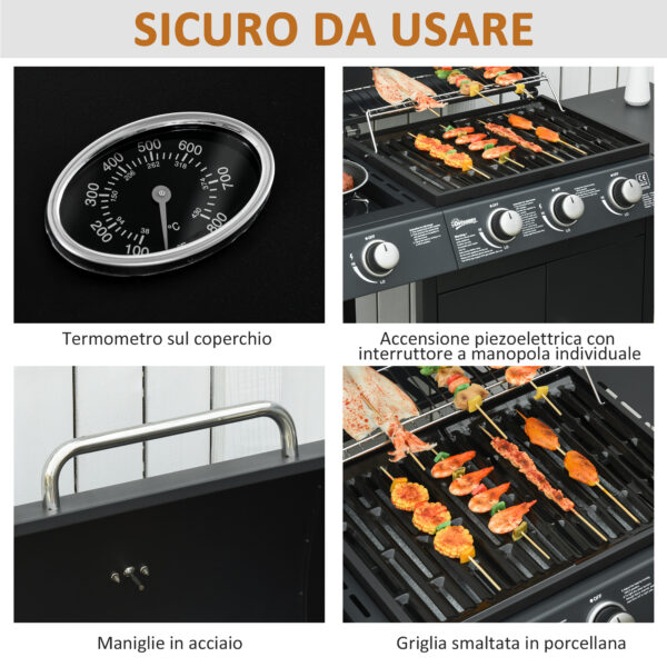 Barbecue a Gas con Coperchio, 4 Bruciatori da 11.6kW, Fornello, Mensola e 2 Ruote, Nero