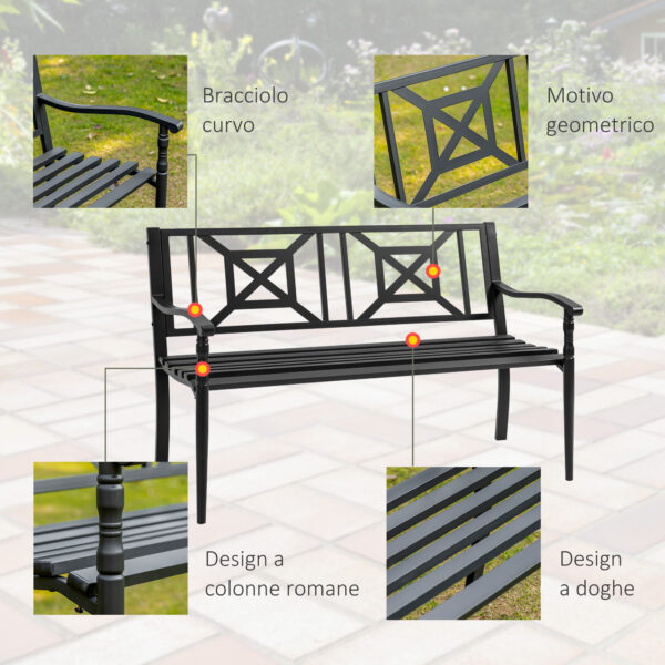 Panchina da Giardino Nera in Acciaio per 2 Persone con Schienale Alto e Braccioli, 128x62.5x81.5 cm