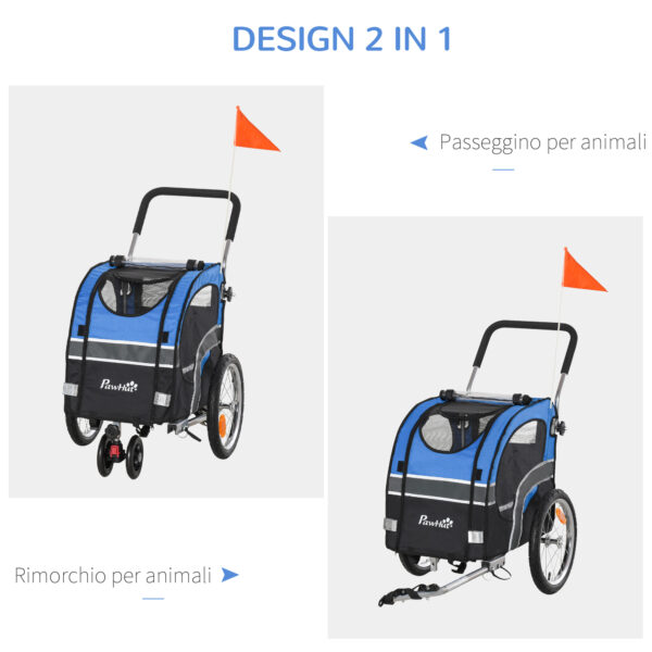 Passeggino 2 in 1 per Cani e Rimorchio Bici, Ruote Catarifrangenti e Bandierina Blu