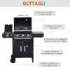 Barbecue a Gas con Coperchio, 4 Bruciatori da 11.6kW, Fornello, Mensola e 2 Ruote, Nero