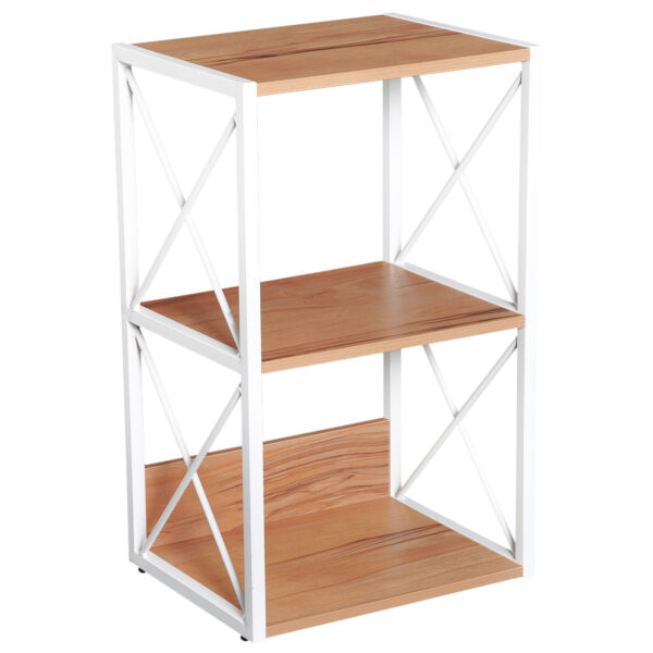 Mobiletto Scaffale Libreria 3 Ripiani, Struttura in Acciaio Bianco e Ripiani in Legno, 44x35x72.5cm