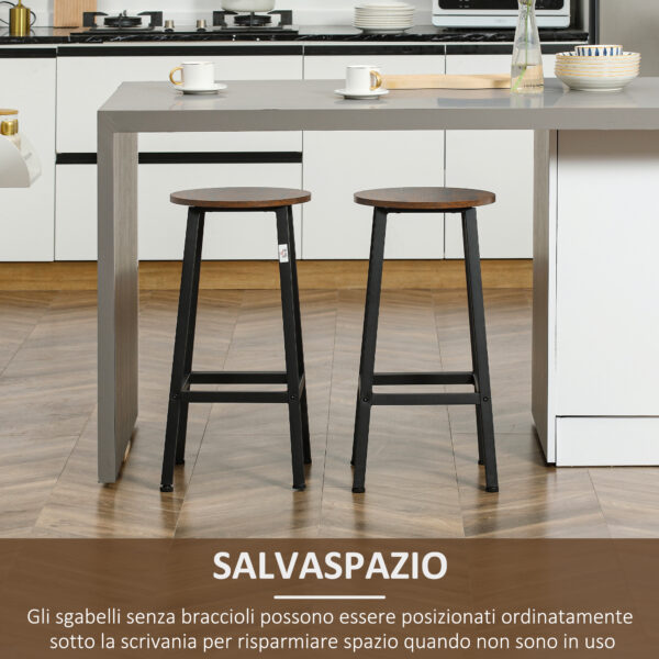 Set 2 Sgabelli da Cucina in Truciolato e Acciaio con Piano Liscio e Poggiapiedi - Colore Marrone Rustico