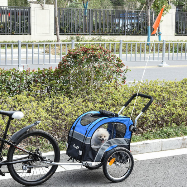 Passeggino 2 in 1 per Cani e Rimorchio Bici, Ruote Catarifrangenti e Bandierina Blu