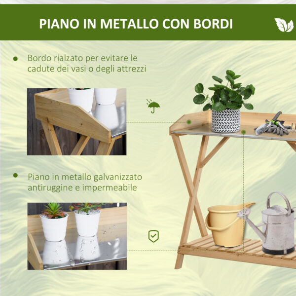 Tavolo da Giardinaggio in Legno con Piano in Metallo Antiruggine e Ripiano Portaoggetti, 80x40x84cm