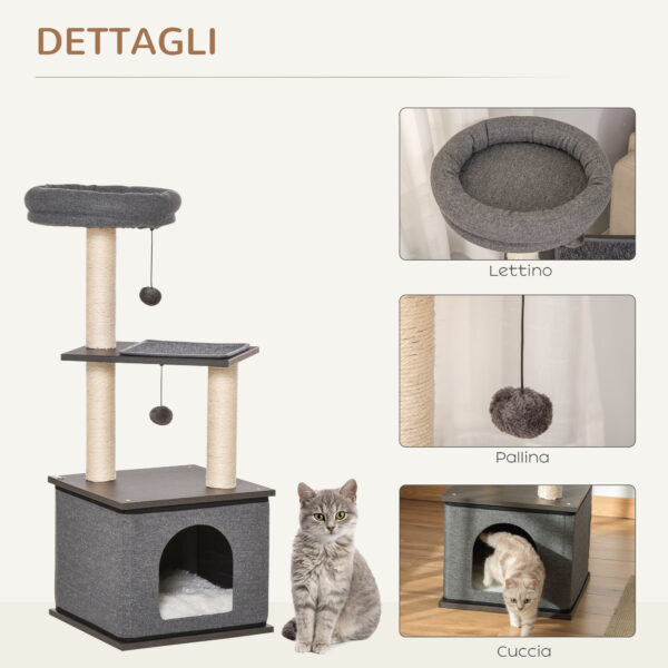 Albero Tiragraffi per Gatti con Casetta, Lettino e Pali in Sisal, 40x40x104cm, Grigio