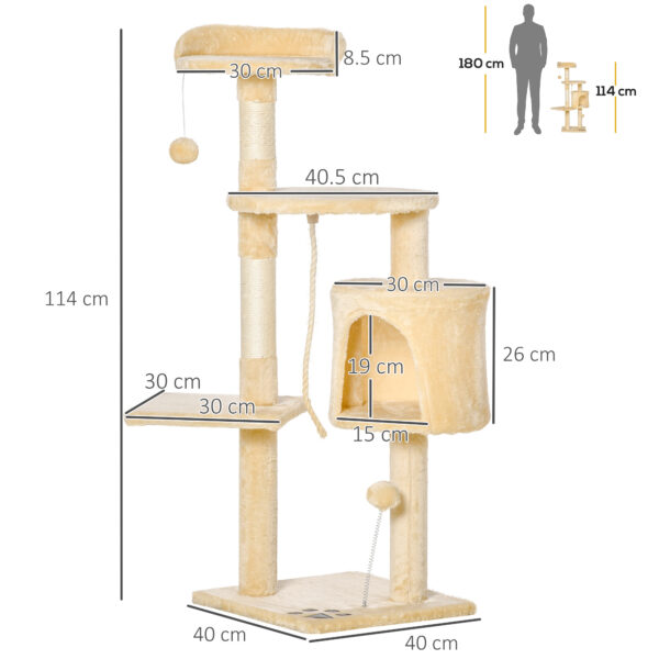 Albero per Gatti a 4 Livelli con Giocattoli, Beige, 40x40x114cm