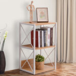 Mobiletto Scaffale Libreria 3 Ripiani, Struttura in Acciaio Bianco e Ripiani in Legno, 44x35x72.5cm