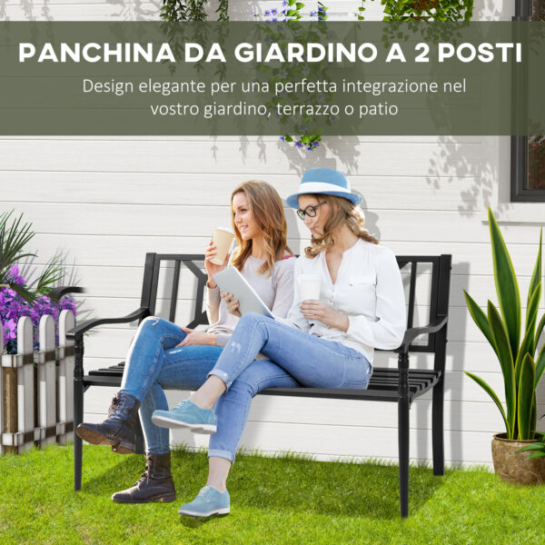 Panchina da Giardino Nera in Acciaio per 2 Persone con Schienale Alto e Braccioli, 128x62.5x81.5 cm